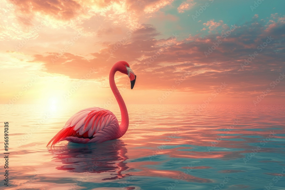 Naklejka premium A Pink Flamingo Standing in the Ocean at Sunset