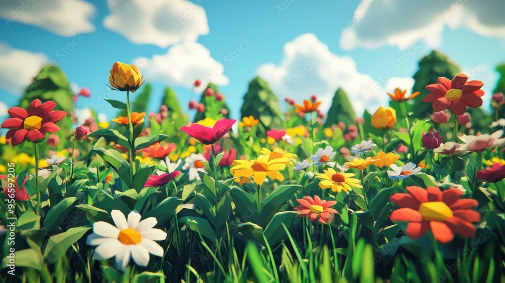 Vibrant Low Poly Flowers in a Summer Meadow Vibrant Low Poly Flowers in a Summer Meadow