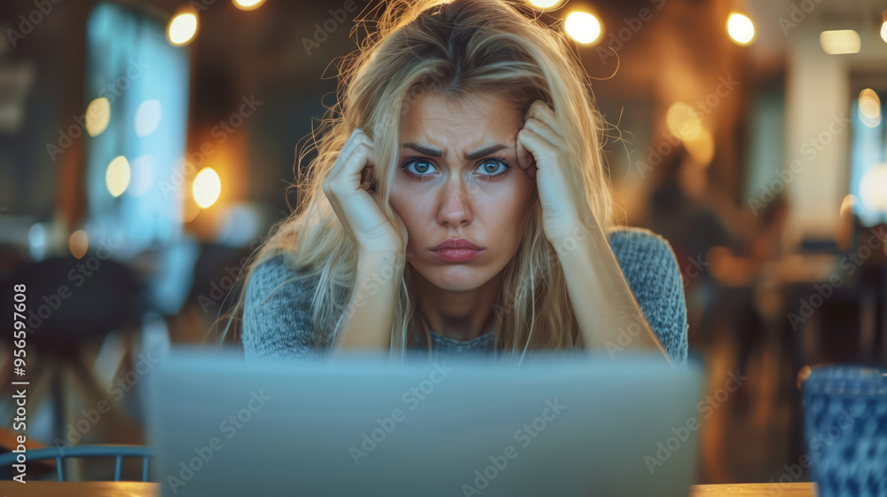 Stressed young woman holding her head while working on laptop in a cafe Stressed young woman holding her head while working on laptop in a cafe