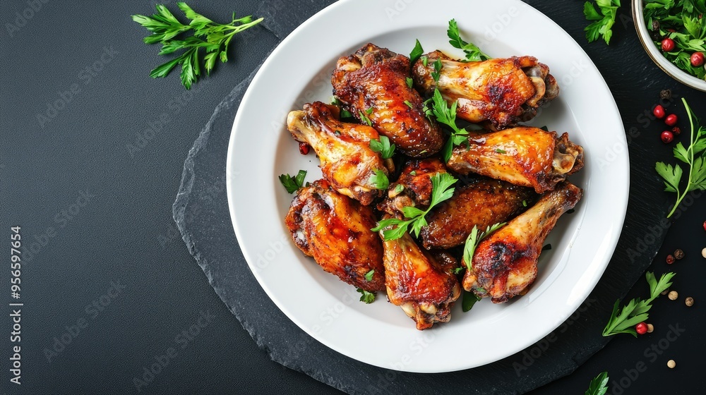 A white plate filled with crispy roasted chicken wings, garnished with green herbs, placed on a black stone background. Delicious and appetizing food shot A white plate filled with crispy roasted chicken wings, garnished with green herbs, placed on a black stone background. Delicious and appetizing food shot