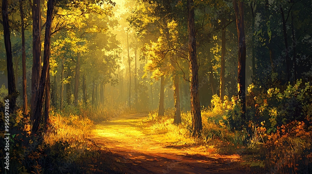 Fototapeta premium A sunlit path winds through a dense forest, dappled sunlight illuminates the path and surrounding trees.