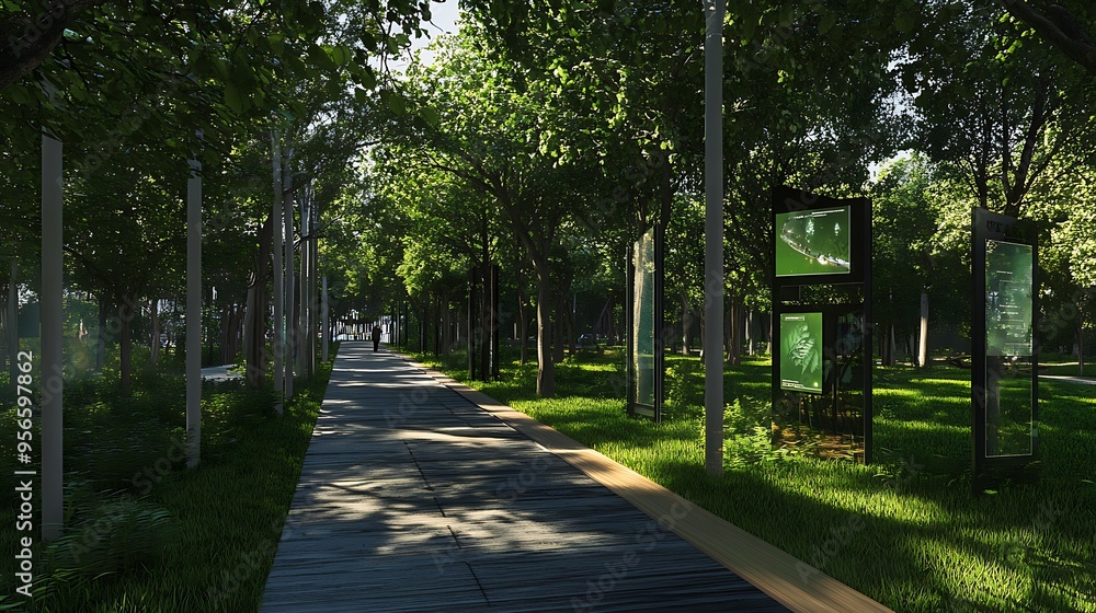 Obraz premium Urban park featuring high-tech interactive spaces and futuristic design elements.