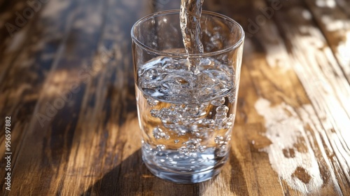 Pouring Water into a Glass on a Wooden Table photo