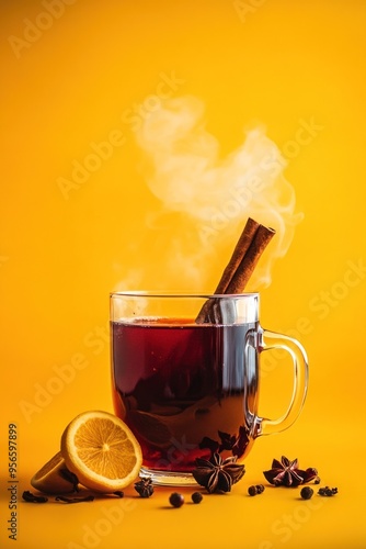 Warm festive drink with lemon and spices on yellow backdrop.