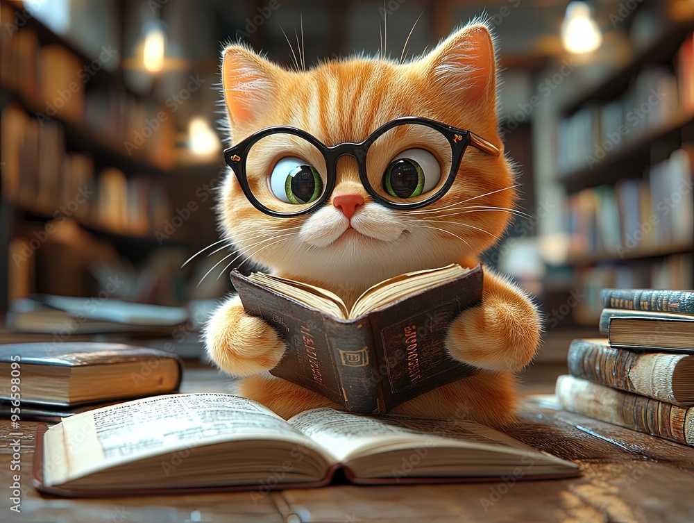 Chat roux avec lunettes lisant un livre dans une bibliothèque Chat roux avec lunettes lisant un livre dans une bibliothèque