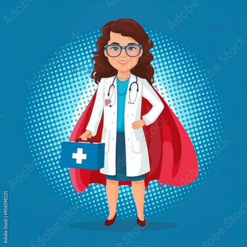 A cartoon of a female doctor wearing a superhero cape, holding a medical kit