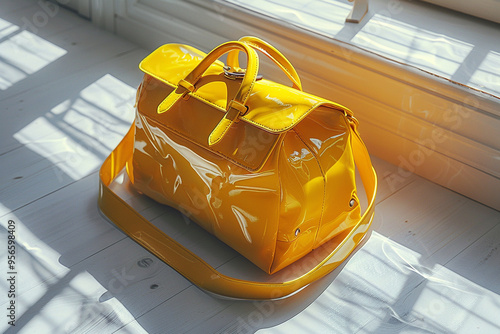 In warm glow of a sunny summer morning, a vibrant yellow bag pops against crisp white background, creating a stunning close-up view that exudes a sense of energy and optimism, evoking feeling of a fre photo