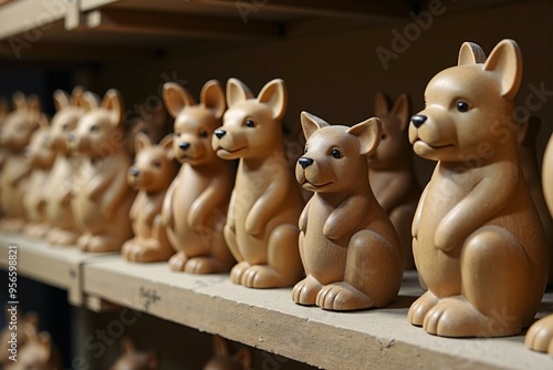 A collection of wooden animal figurines displayed on a shelf