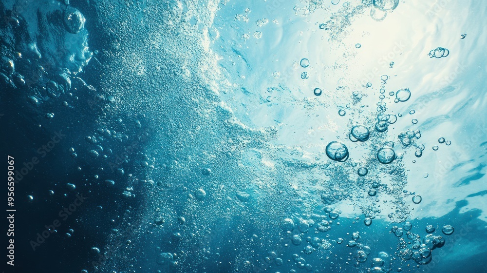 Exploding water bubbles under sunlight underwater view. Exploding water bubbles under sunlight underwater view.