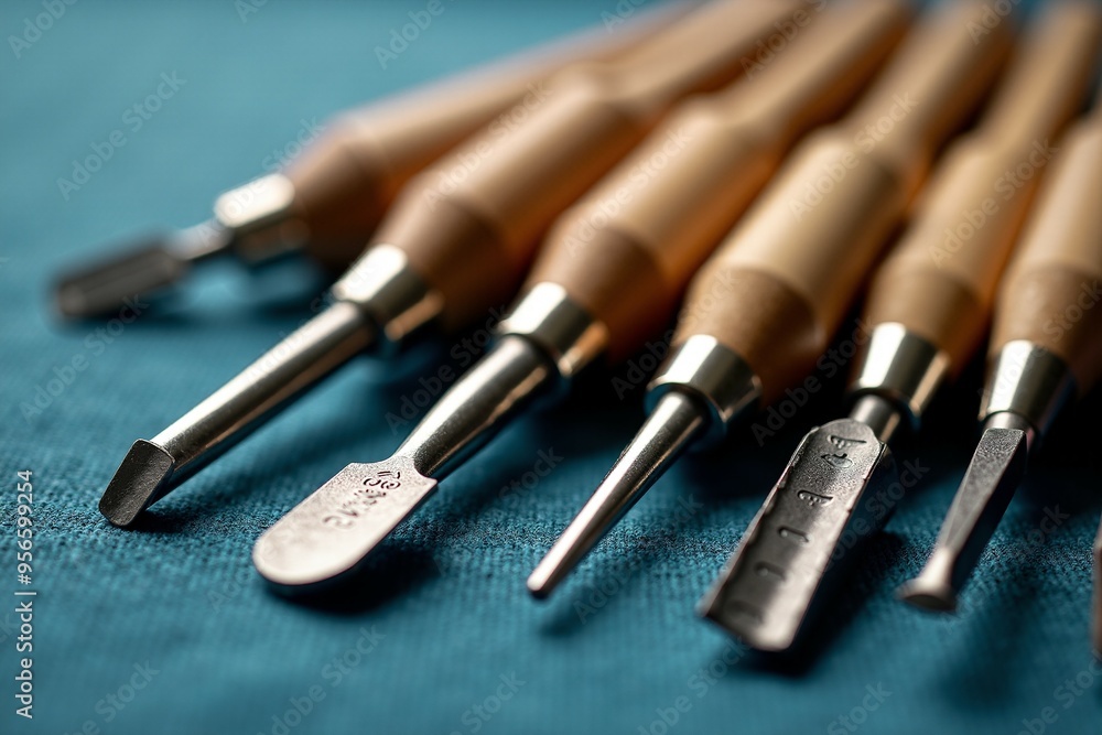 A collection of various tools placed on a blue surface, suitable for use in illustrations or graphics design A collection of various tools placed on a blue surface, suitable for use in illustrations or graphics design