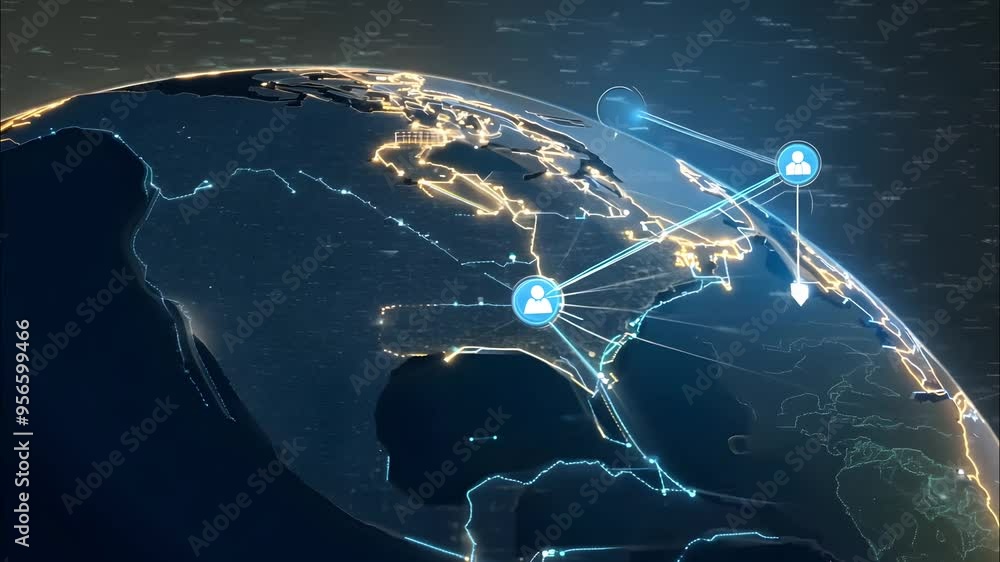 A glowing globe takes center stage with bright lines depicting ...