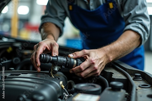 A person working on a car engine in a garage, with tools and parts nearby