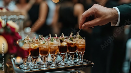 Bartenderaes hand skillfully arranging assorted shooters on a tray, preparing for a wedding toast, with blurred guests in the background