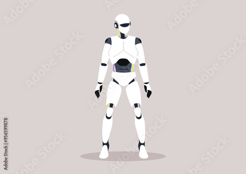 A sleek, futuristic humanoid robot standing confidently against a minimalist backdrop, showcasing advanced design and technology in an imaginative representation of artificial intelligence