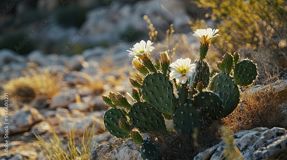 Close-up of a blooming cactus with delicate white flowers, set against the backdrop of green cactus pads and the rocky desert floor, under bright sunlight Close-up of a blooming cactus with delicate white flowers, set against the backdrop of green cactus pads and the rocky desert floor, under bright sunlight