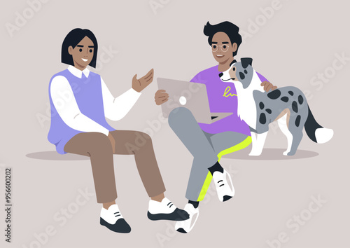 Students engaging in lively conversation while seated with a friendly dog, enjoying a relaxed afternoon in a cozy study space