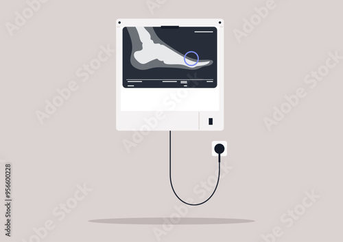 The examination focuses on a close-up view of a toe through an X-ray, highlighting bone alignment, potential injuries, and anatomical features in a healthcare environment