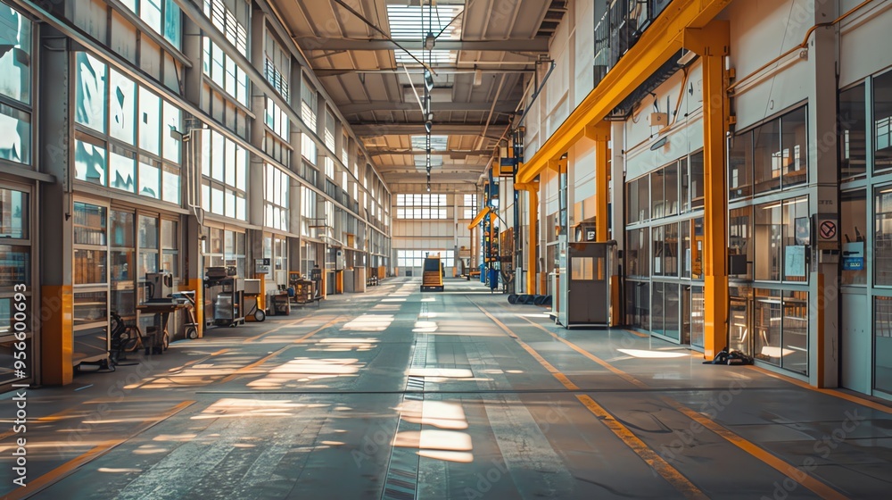 A large industrial building with large windows and yellow structural beams. A large industrial building with large windows and yellow structural beams.