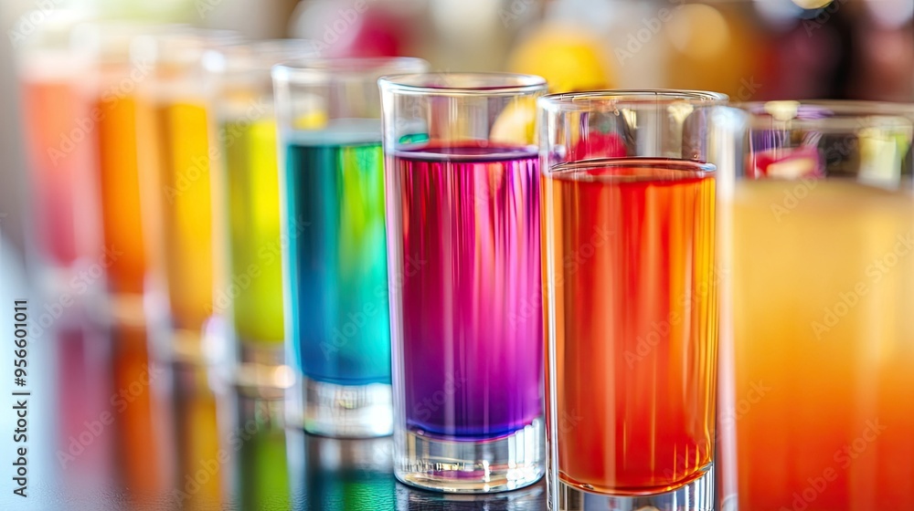 Close-up of colorful cocktail shooters lined up on a wedding reception table, each glass filled with different vibrant beverages, with soft focus on the background Close-up of colorful cocktail shooters lined up on a wedding reception table, each glass filled with different vibrant beverages, with soft focus on the background