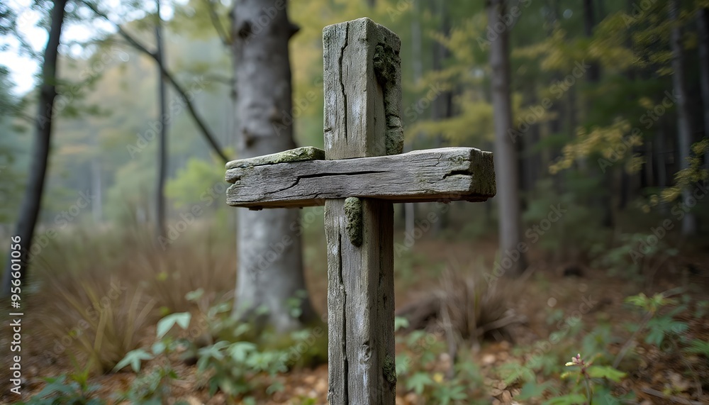 Wooden cross in the forest, peaceful environment. Wooden cross in the forest, peaceful environment.
