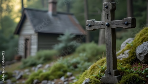 Wooden cross near a cabin in the forest, peaceful environment.