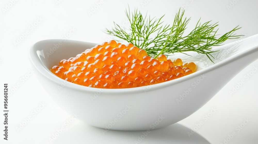 Close-up of fresh pike caviar with sprigs of dill in a sleek white gravy boat, showcasing the luxurious food item against a pure white backdrop Close-up of fresh pike caviar with sprigs of dill in a sleek white gravy boat, showcasing the luxurious food item against a pure white backdrop