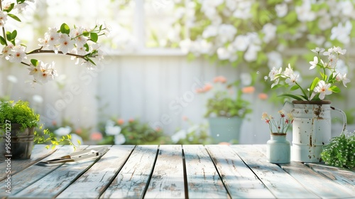 Fototapeta Naklejka Na Ścianę i Meble -  Empty wooden table displaying spring gardening tools and flowers with a blurred garden background