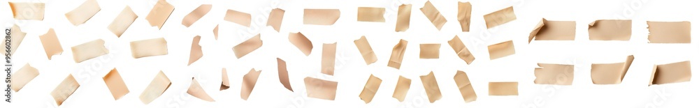 On a white background, a collection of different adhesive tape pieces can be seen On a white background, a collection of different adhesive tape pieces can be seen