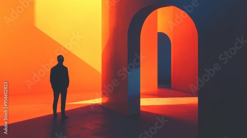 A Silhouette of a Man Standing in a Red and Yellow Room with Arched Doorways