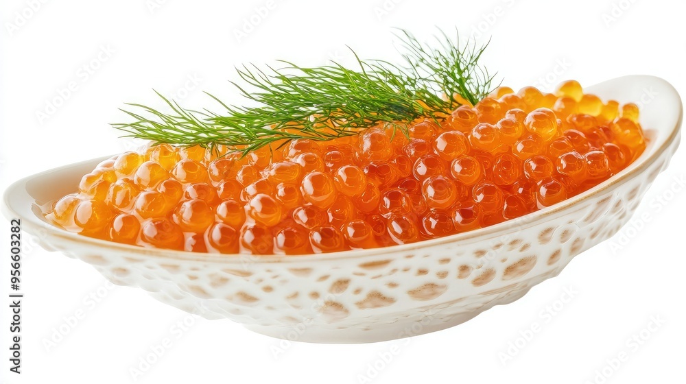 Fresh pike caviar garnished with dill in an elegant gravy boat, isolated on a white background, highlighting the rich texture and vibrant colors of the delicacy Fresh pike caviar garnished with dill in an elegant gravy boat, isolated on a white background, highlighting the rich texture and vibrant colors of the delicacy