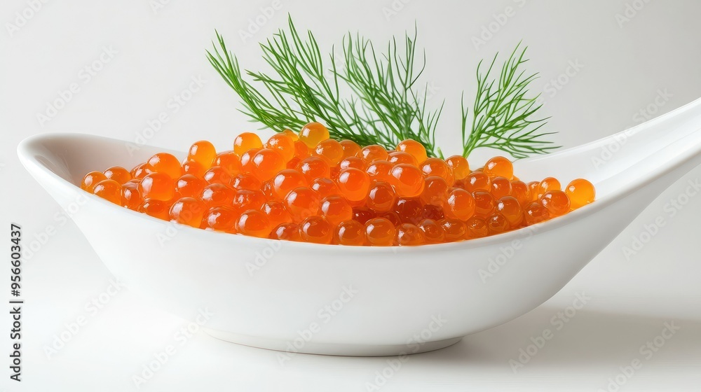 Fresh pike caviar with sprigs of dill in a porcelain gravy boat, isolated on white, perfect for showcasing gourmet food in a clean and refined style Fresh pike caviar with sprigs of dill in a porcelain gravy boat, isolated on white, perfect for showcasing gourmet food in a clean and refined style