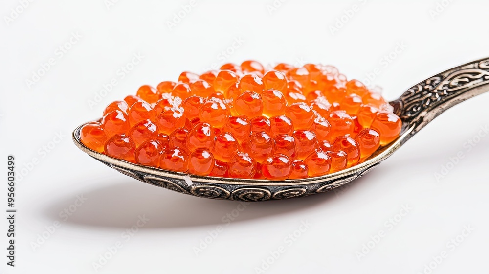 Fresh salmon roe on a decorative spoon, with a sprinkle of sea salt, isolated on a white background, showcasing the delicacy's vibrant color and texture Fresh salmon roe on a decorative spoon, with a sprinkle of sea salt, isolated on a white background, showcasing the delicacy's vibrant color and texture
