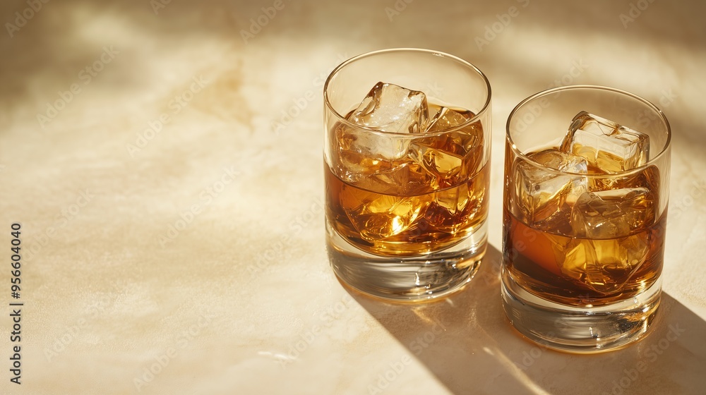 Two elegant whisky glasses with ice rest on a beige surface, creating a warm, inviting ambiance.