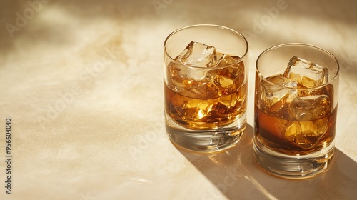 Obraz na płótnie Two elegant whisky glasses with ice rest on a beige surface, creating a warm, inviting ambiance. w salonie