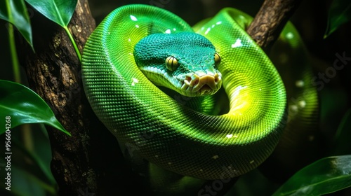 The Green Tree Python (Morelia viridis) also known as the Emerald Green Python..