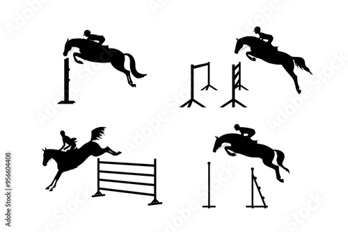 A set of vector silhouettes, equestrian show jumping