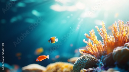 Vibrant Coral Reef Adventure, a lively underwater ecosystem bursting with colorful marine life, evoking joyful snorkeling memories in a serene, minimalist environment. photo