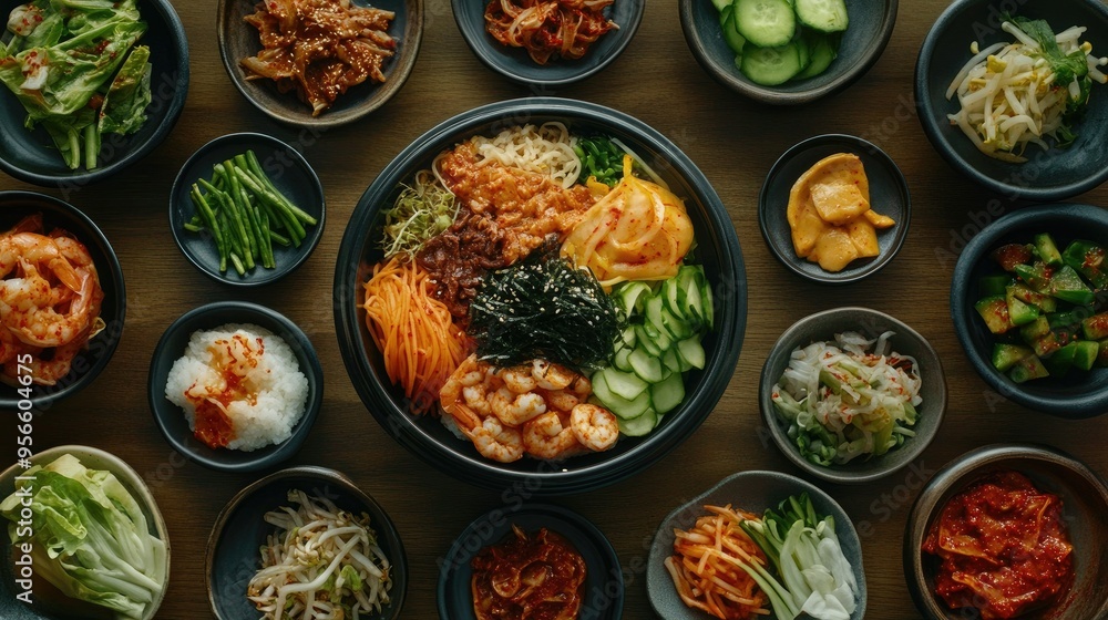 Overhead shot of a Korean feast featuring a variety of dishes like bibimbap, gimbap, and soy sauce shrimp, surrounded by small bowls of vegetable side dishes Overhead shot of a Korean feast featuring a variety of dishes like bibimbap, gimbap, and soy sauce shrimp, surrounded by small bowls of vegetable side dishes