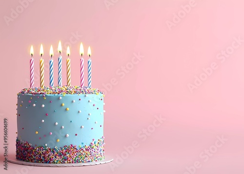 A blue birthday cake with candles on a pink background, in a minimalistic style, 