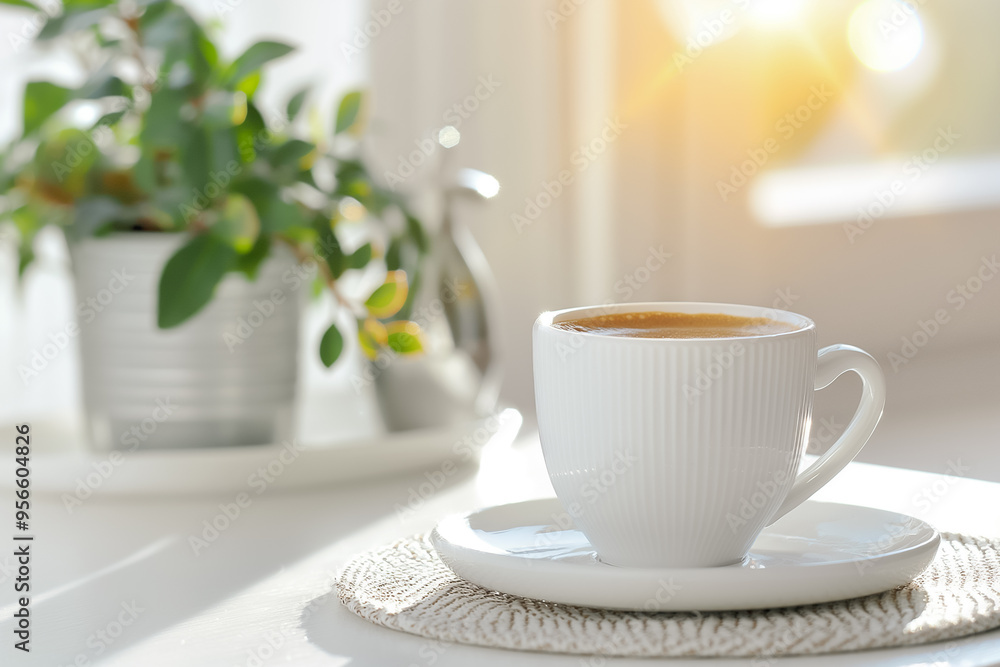 A cozy morning unfolds with a steaming cup of coffee placed on a soft mat, illuminated by sunlight filtering through a window, surrounded by vibrant plants A cozy morning unfolds with a steaming cup of coffee placed on a soft mat, illuminated by sunlight filtering through a window, surrounded by vibrant plants
