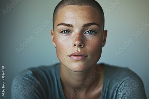 Close-Up Portrait of a Freckled Woman with Shaved Head and Intense Blue Eyes