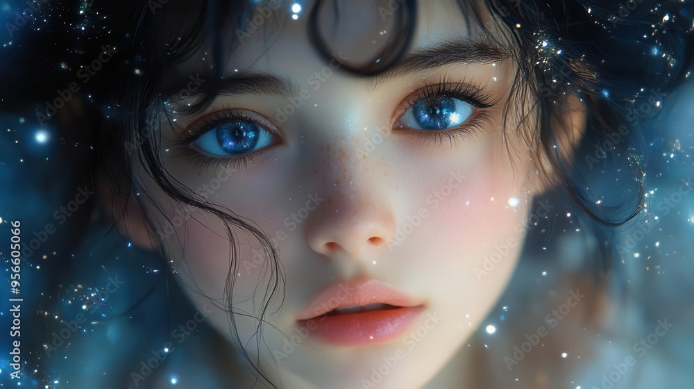 ethereal fantasy portrait of a young anime princess with otherworldly beauty adorned in celestial attire against a backdrop of shimmering stars and deep blue nebulae ethereal fantasy portrait of a young anime princess with otherworldly beauty adorned in celestial attire against a backdrop of shimmering stars and deep blue nebulae