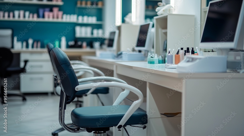 The interior of a modern nail salon featuring empty manicure workstations. Each nail tech station is neatly arranged, ready for clients, creating a clean and professional atmosphere. The interior of a modern nail salon featuring empty manicure workstations. Each nail tech station is neatly arranged, ready for clients, creating a clean and professional atmosphere.