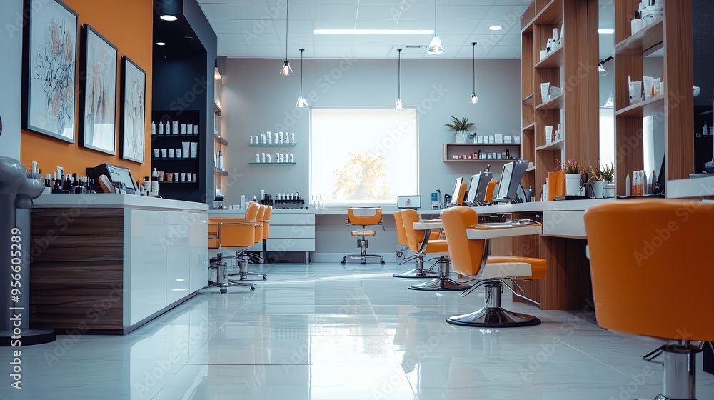 The interior of a modern nail salon featuring empty manicure workstations. Each nail tech station is neatly arranged, ready for clients, creating a clean and professional atmosphere. The interior of a modern nail salon featuring empty manicure workstations. Each nail tech station is neatly arranged, ready for clients, creating a clean and professional atmosphere.