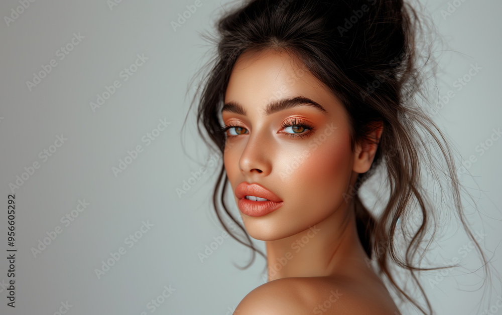 Naklejka premium A stunning portrait of a beautiful Indian woman wearing ethnic clothing and traditional jewelry, featuring pastel pink lips and brown eye shadow against a grey background