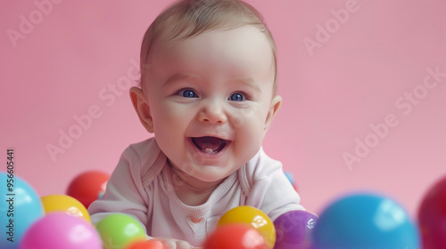 Cheerful baby smiles broadly while exploring variety of brightly colored balls scattered around on soft pink surface.