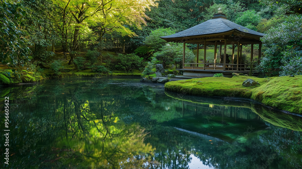 Obraz premium 日本の苔庭と木造のパビリオン