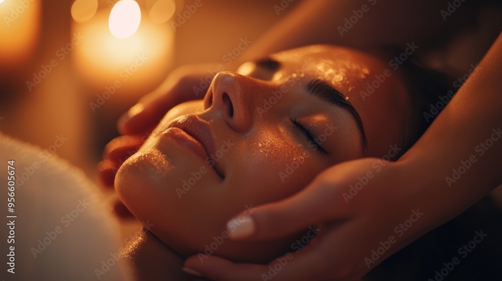 Close-Up of a Woman Receiving a Soothing Facial Massage in a Warm Candlelit Spa Setting Close-Up of a Woman Receiving a Soothing Facial Massage in a Warm Candlelit Spa Setting