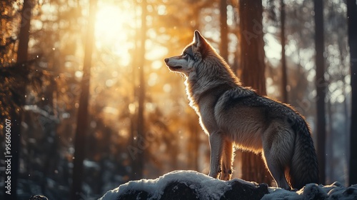 A dramatic, cinematic panoramic image of a wolf in the woods, posing in the deep forest amidst rocky, picturesque terrain. The wild predator stands in a severe Nordic environment photo