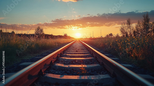 The railway tracks go beyond the horizon. Rails surrounded by nature at sunset. photo